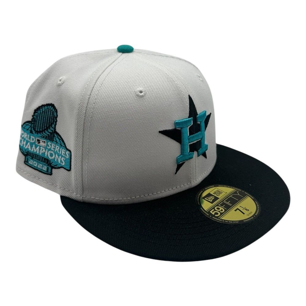 New Era 59Fifty Houston Astros Hat Cap 7 1/8 White Teal 2022 World Series Patch